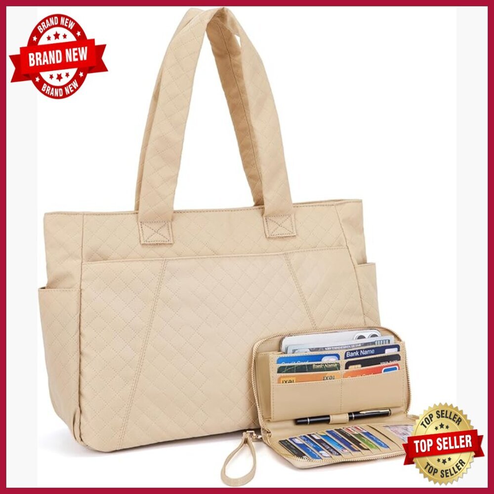 15.7" Quilted Tote Bag with RFID Wallet, Water Resistant, Multi-Functional